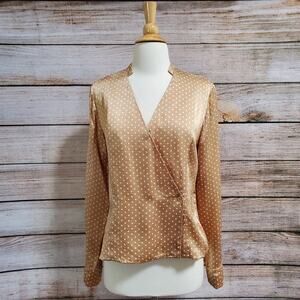 Vintage 90s Tan White Polka Dot Silk Blouse Womens Medium